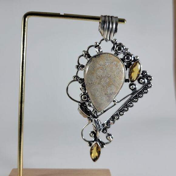 Handmade Silver Pendant – Fossil Coral & Citrine Accents + 20" Silver Chain - Picture 9 of 10